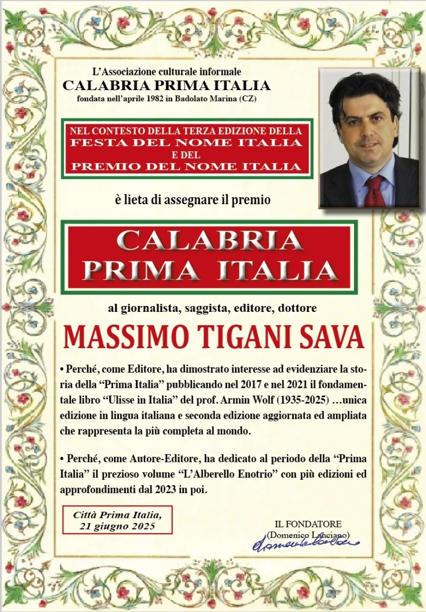 Premio Calabria Prima Italia 2025: riconoscimenti a Tigani Sava e Marilena Ciravegna