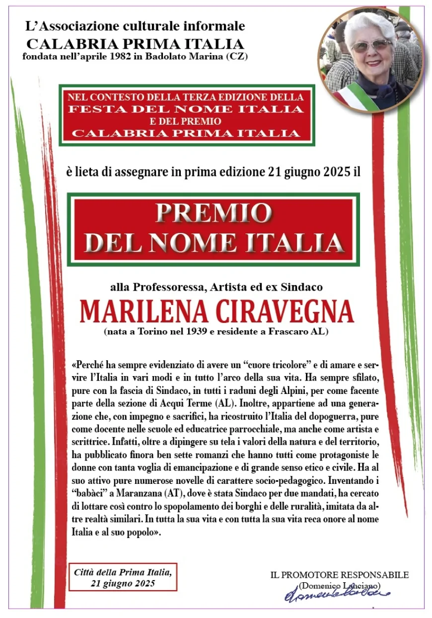 Premio Calabria Prima Italia 2025: riconoscimenti a Tigani Sava e Marilena Ciravegna