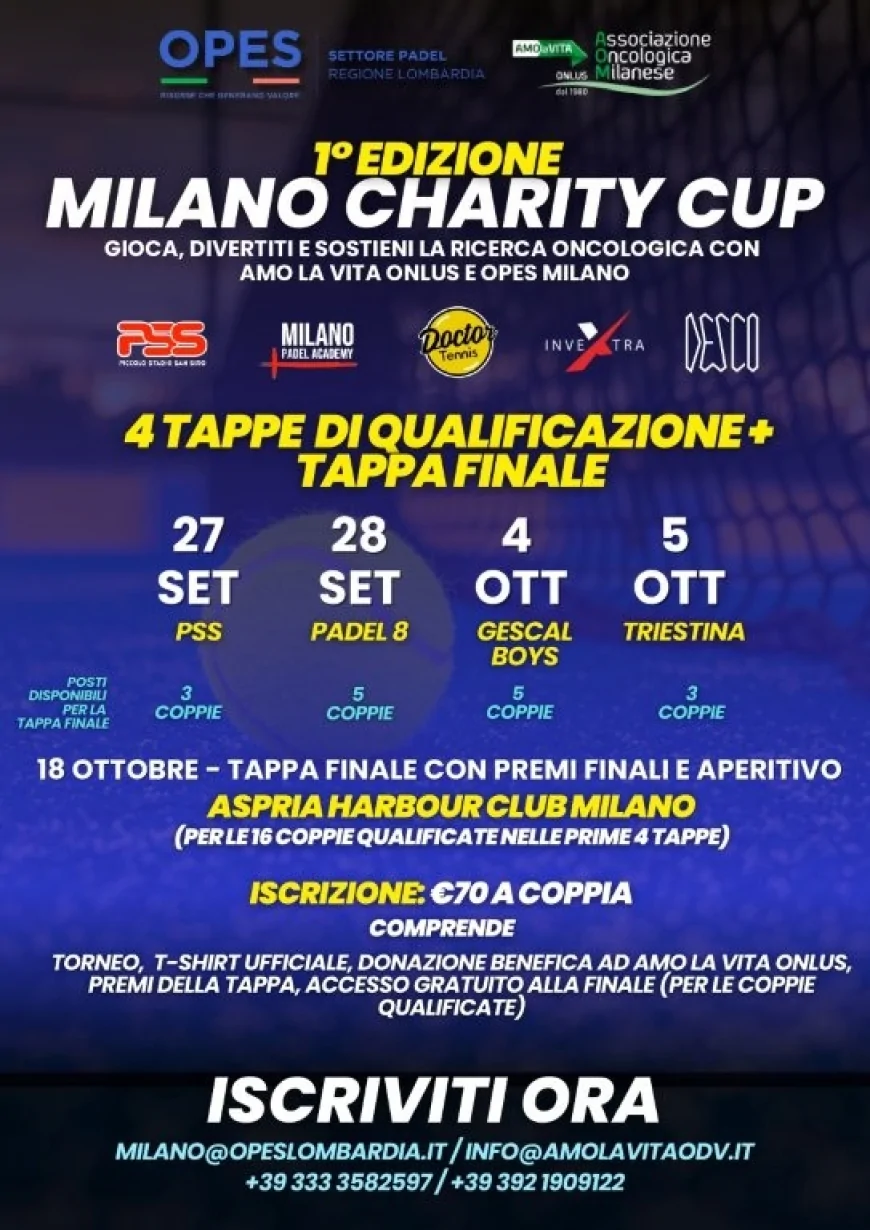 Milano Charity Cup: torneo di padel per sostenere AMOlaVITA OdV
