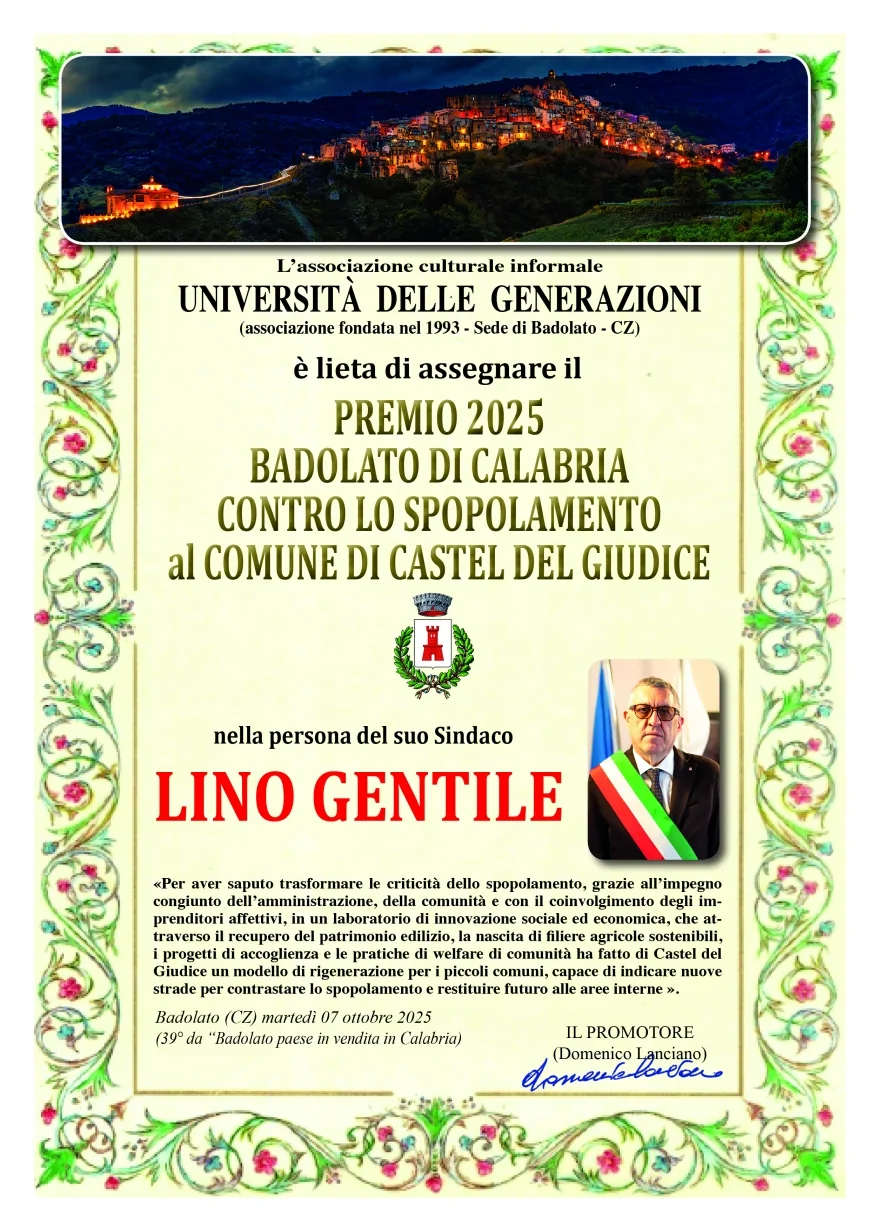 Premio Badolato di Calabria 2025 a Lino Gentile per la rinascita di Castel del Giudice
