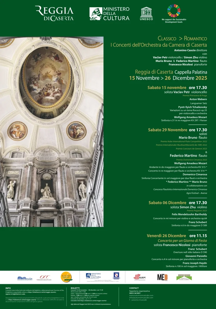 Autunno Musicale alla Reggia di Caserta 2025: dal Classico al Romantico con l’Orchestra da Camera di Caserta