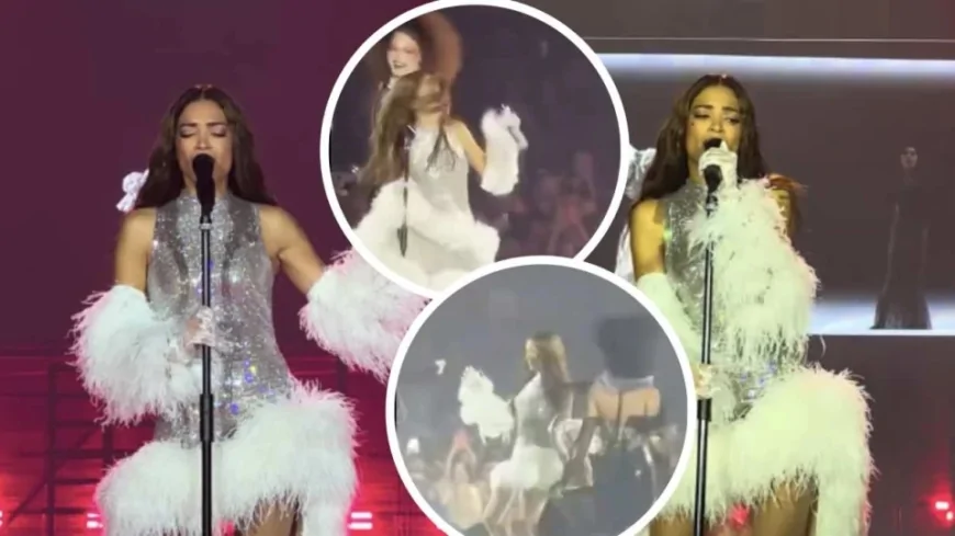 Elodie dimentica il microfono sul palco e corre a riprenderlo, la scena esilarante (VIDEO)