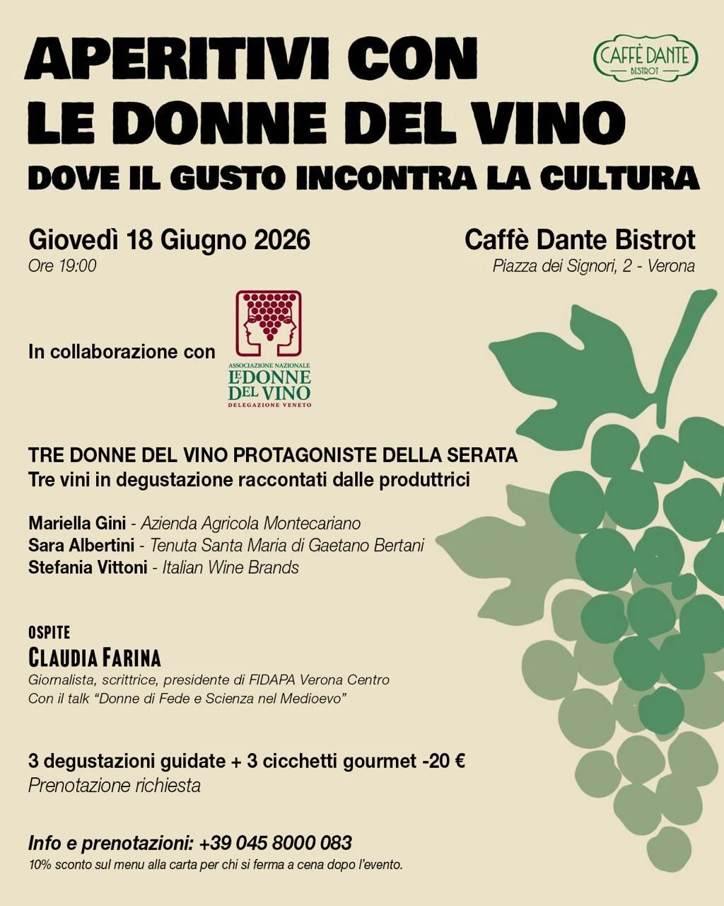 AL CAFFÈ DANTE, APERITIVO CON LE DONNE DEL VINO E UN DIALOGO SULLE DONNE STRAORDINARIE DEL MEDIOEVO