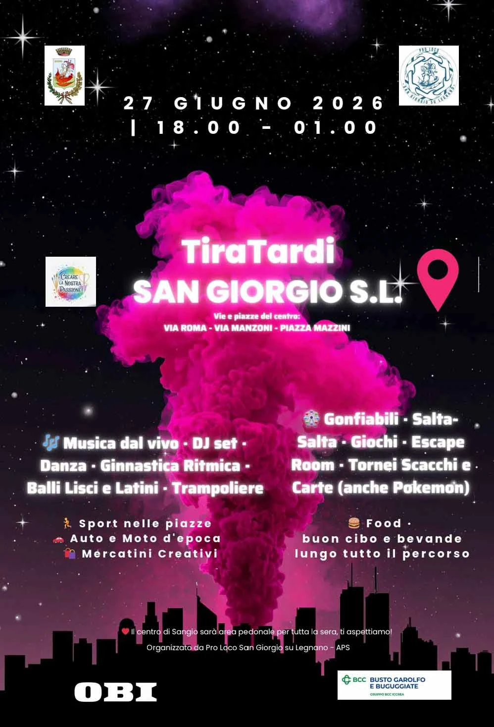 TiraTardi 2026 a San Giorgio su Legnano, una notte di festa sabato 27 giugno: beneficenza, sport, musica, negozi aperti e sapori