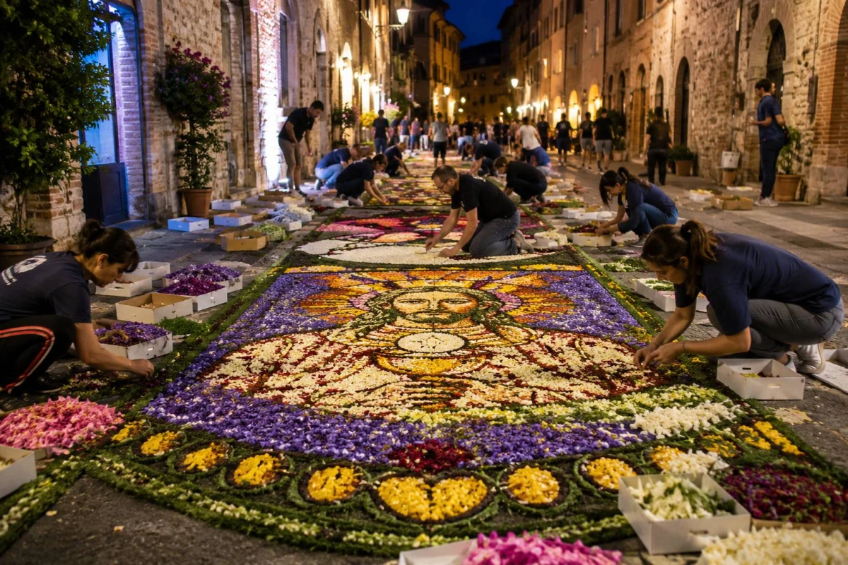 Infiorate di Spello 2026: la Notte dei Fiori racconta il lavoro segreto degli infioratori
