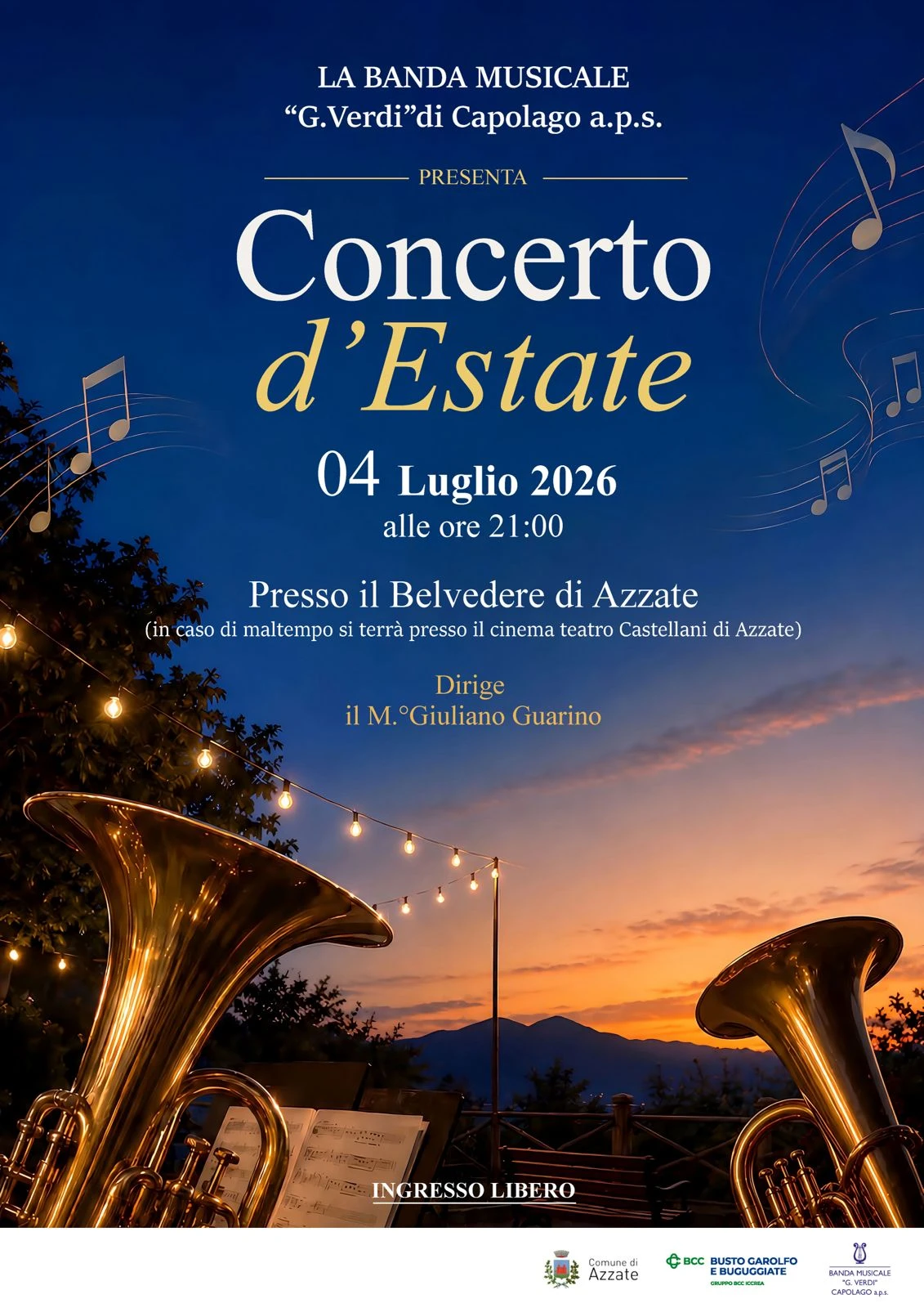 Concerto d’estate al tramonto sabato 4 luglio al Belvedere di Azzate della Banda di Capolago
