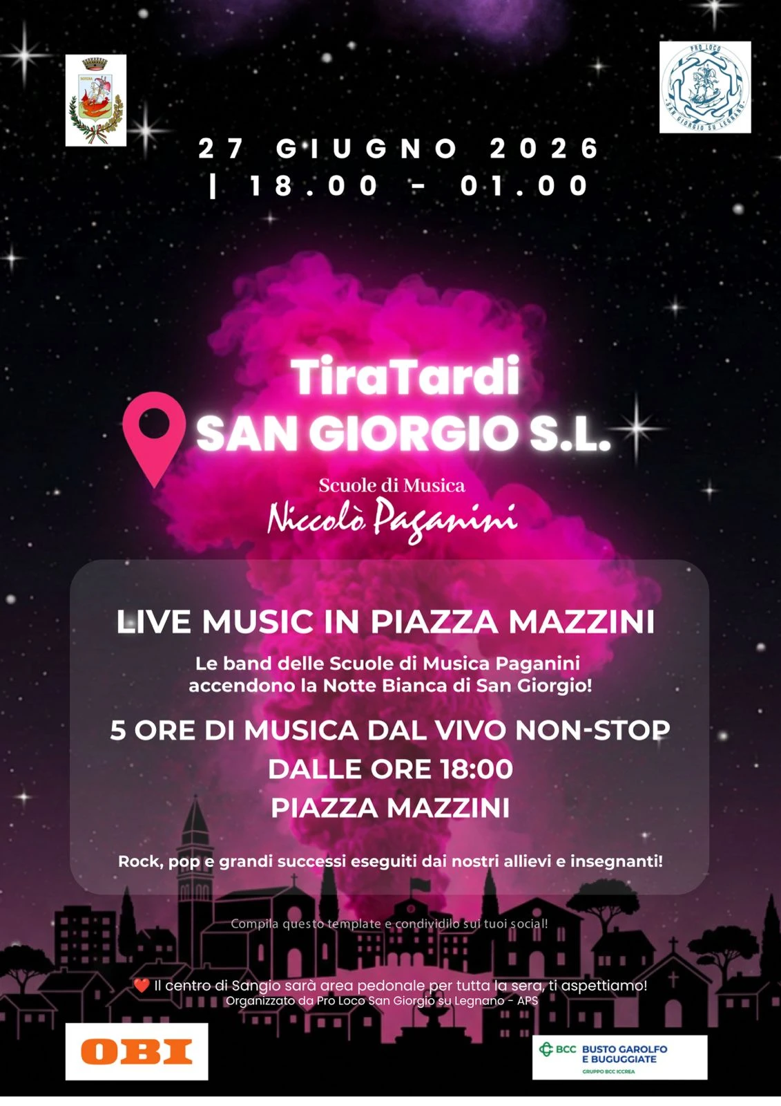 Le band delle Scuole di Musica Paganini accendono la Notte Bianca di San Giorgio su Legnano sabato 27 giugno