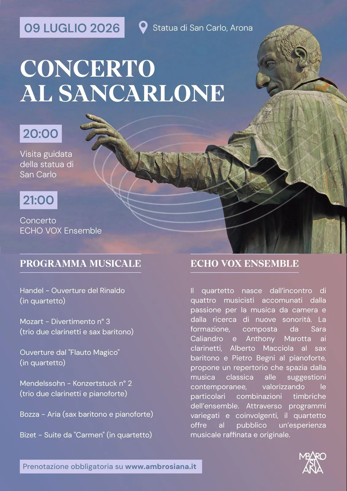 Concerto di musica classica dell’Echo Vox Ensemble al calar della sera e visita alla Statua San Carlone ad Arona giovedì 9 luglio