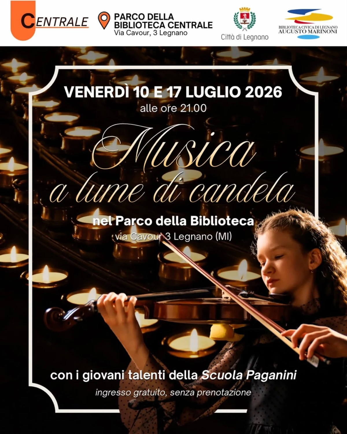 Musica a lume di candela: i giovani talenti della Scuola Paganini protagonisti nel Parco della Biblioteca di Legnano