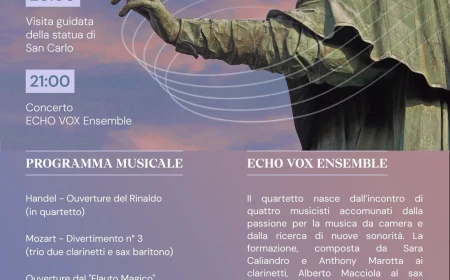 Concerto di musica classica dell’Echo Vox Ensemble al calar della sera e visita alla Statua San Carlone ad Arona giovedì 9 luglio