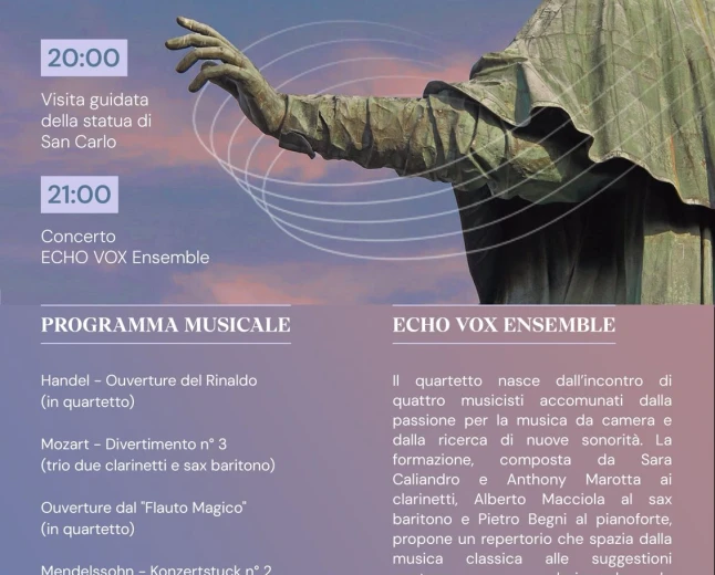 Concerto di musica classica dell’Echo Vox Ensemble al calar della sera e visita alla Statua San Carlone ad Arona giovedì 9 luglio