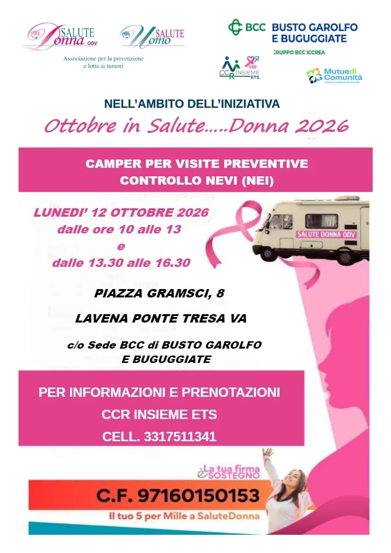 Quaranta visite oncologiche gratuite a Lavena Ponte Tresa il 12 ottobre: appena arrivata, la Bcc di Busto Garolfo e Buguggiate parte dalla salute