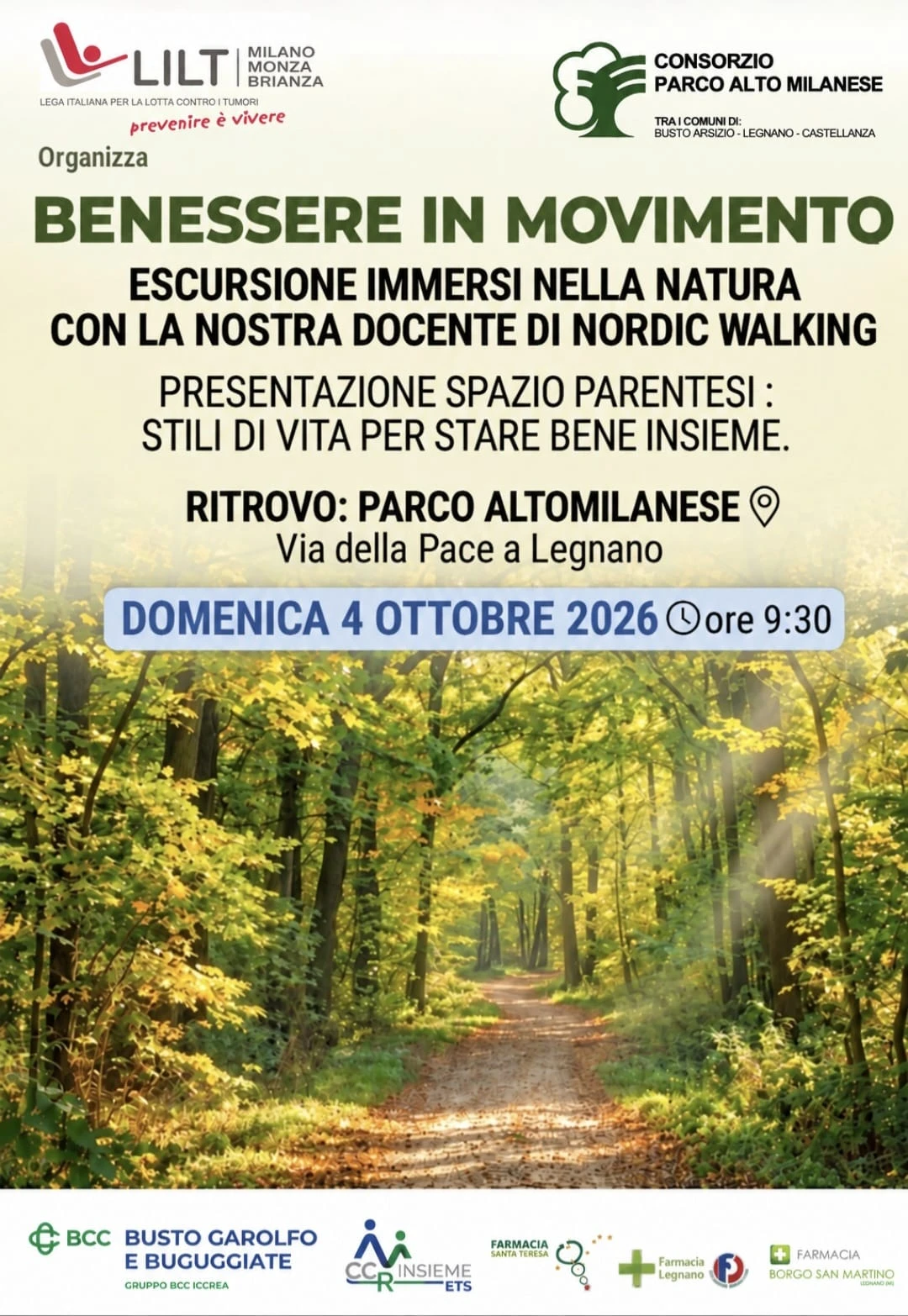 LILT Legnano, domenica 4 ottobre “Benessere in movimento”: una camminata per state insieme e presentare il programma di Spazio Parentesi per pazienti oncologici, ex pazienti e loro familiari