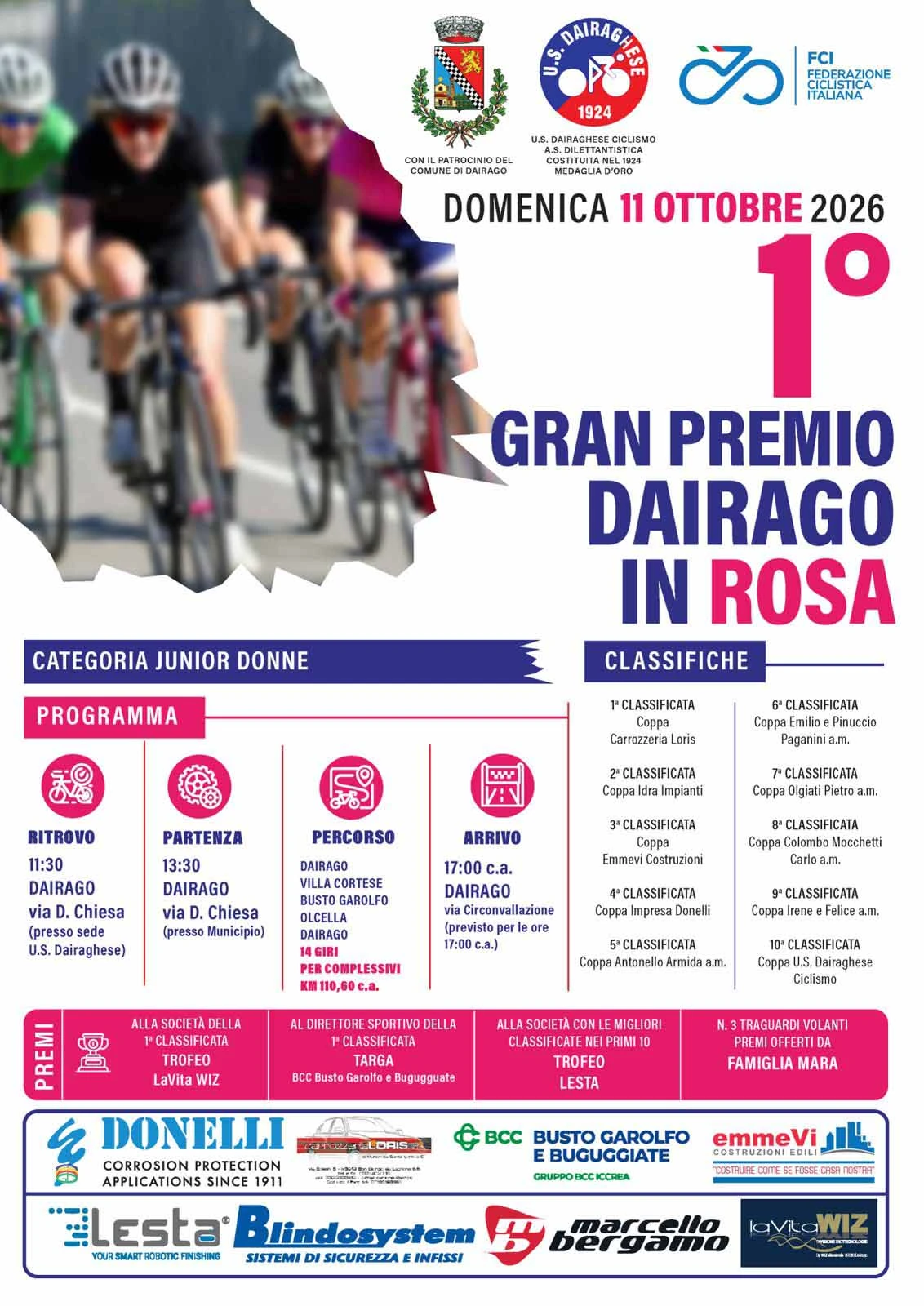 Primo Gran Premio Ciclismo Dairago in Rosa 11 ottobre: il debutto è internazionale, al via anche atlete da Francia e Svizzera 