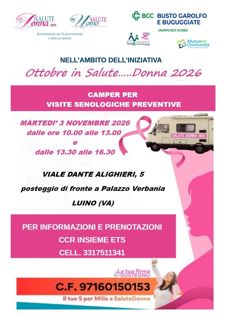Tumore al seno, 40 visite preventive gratuite a Luino il 3 novembre: la Bcc di Busto Garolfo e Buguggiate, appena arrivata già si impegna per le residenti